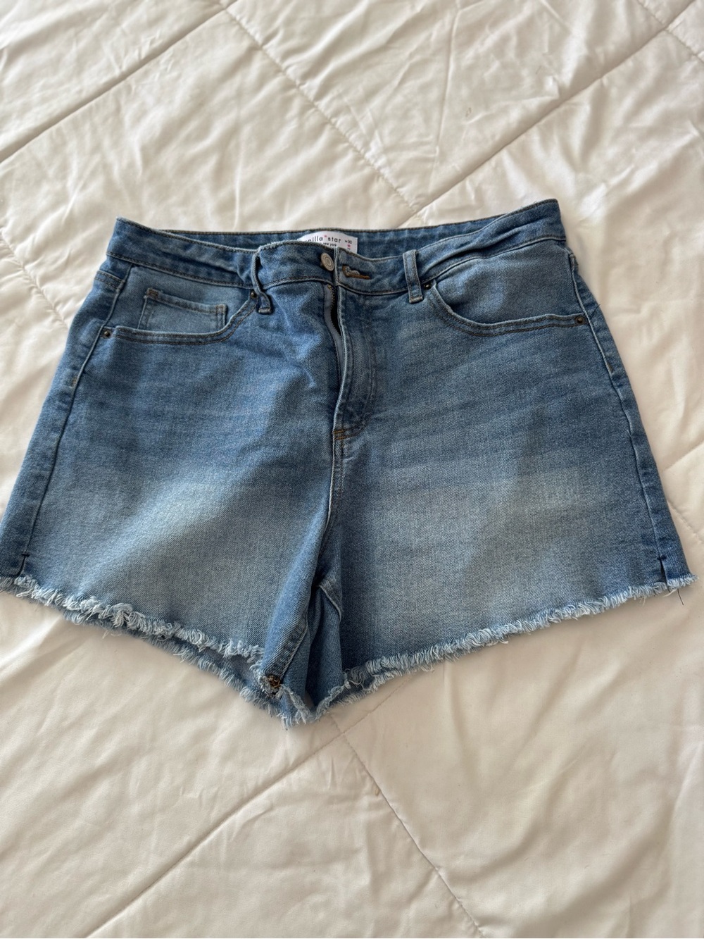 Vanilla Star Frayed Hem Mid/High-Rise Light Blue Denim Shorts
